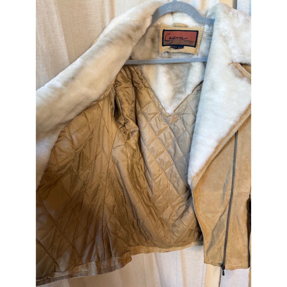 Y2K Vtg Leather Fur Trim Tan Suede Belted Jacket Coat Small‎ - Picture 3 of 7
